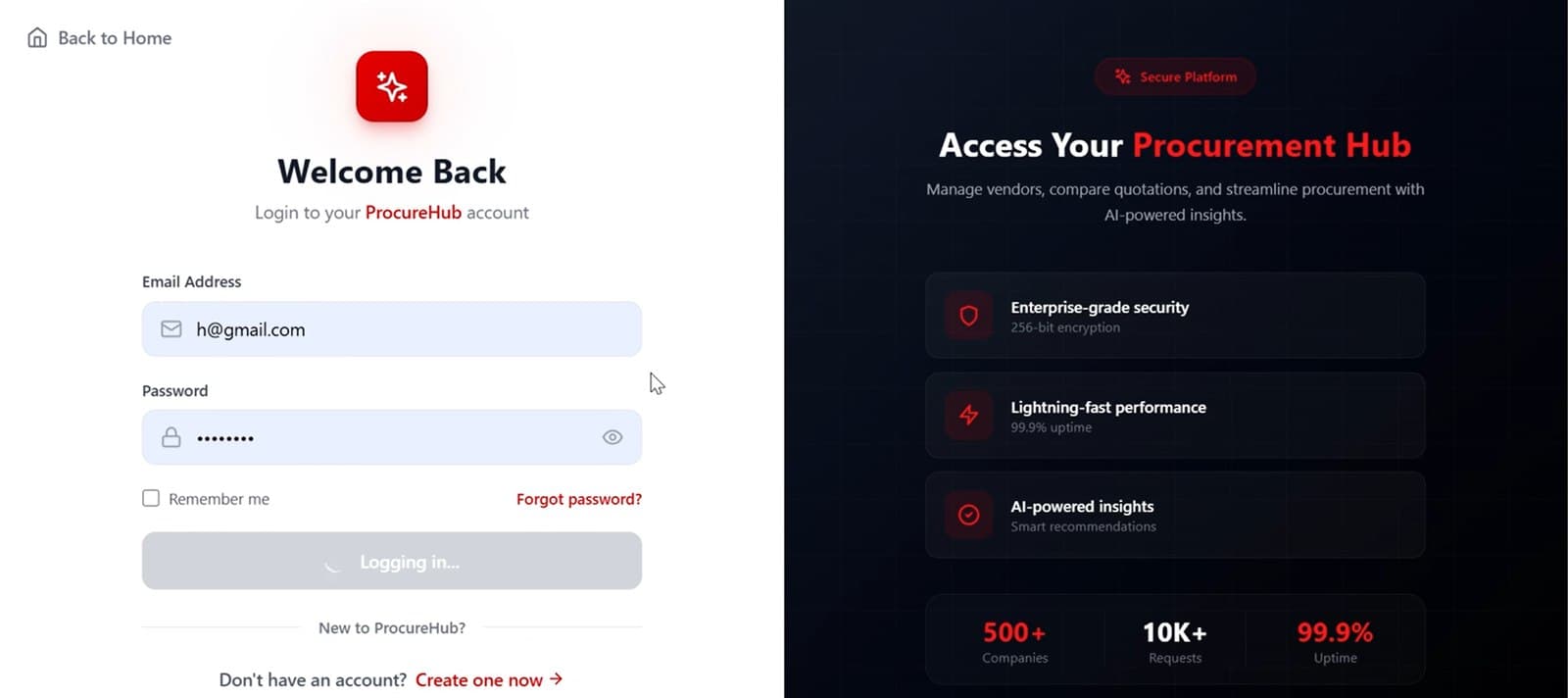 ProcureHub secure sign-in page