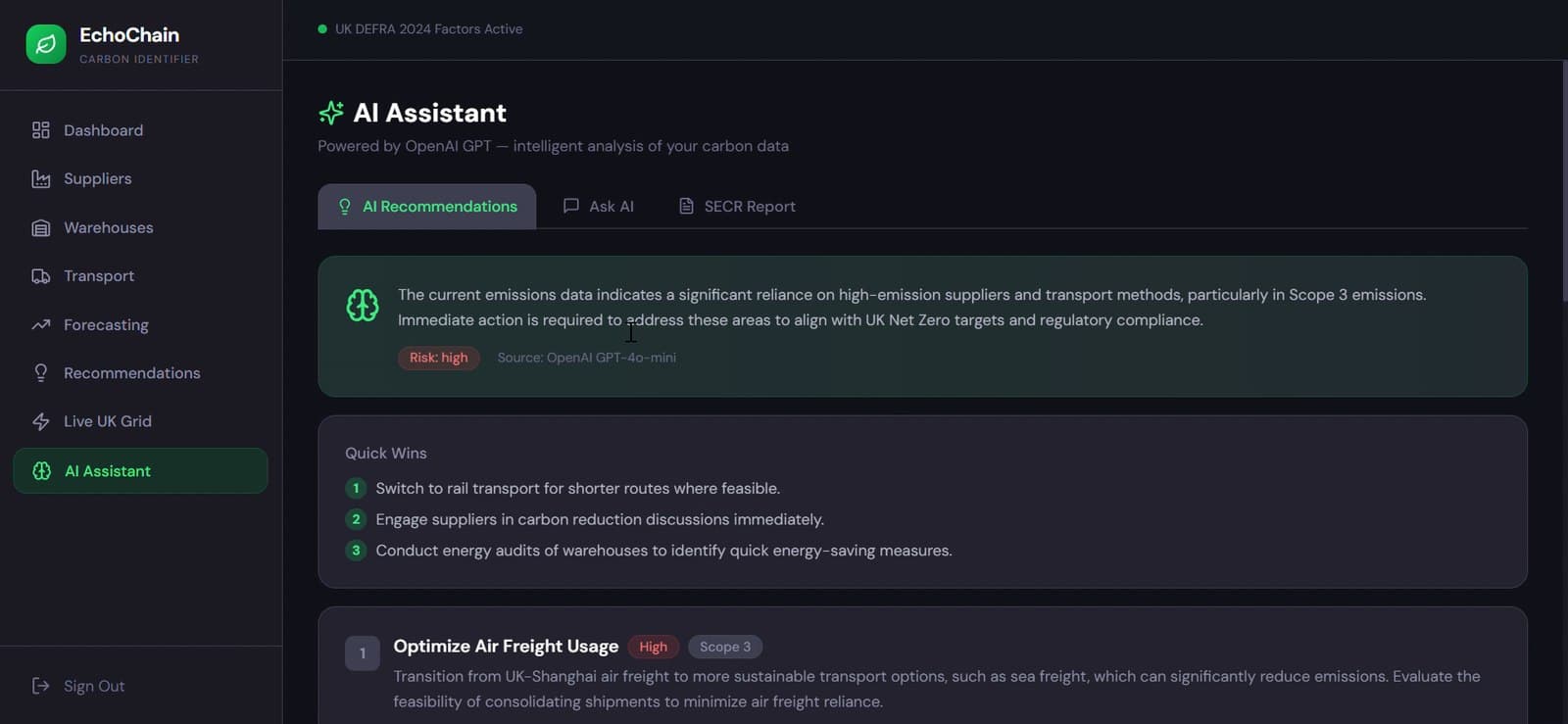 ChainScope AI assistant with risk-rated recommendations, quick wins and scope-tagged actions