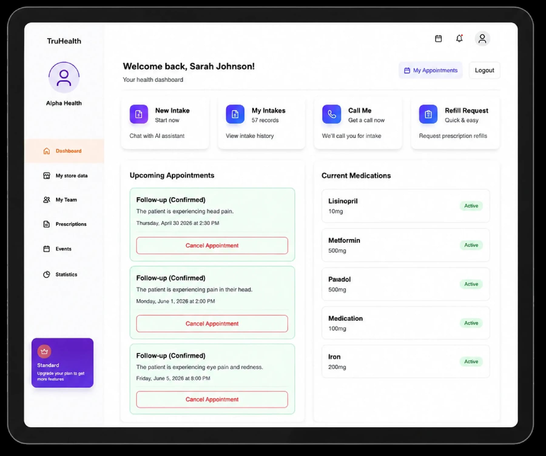 Doctor AI Portal patient dashboard on a tablet — AI intake, call-me voice intake, refill requests, appointments and medications