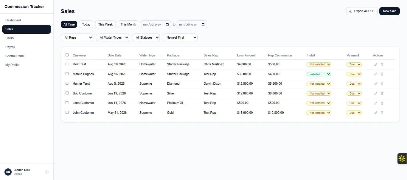 EZOS sales ledger with rep, water type, install and payment status