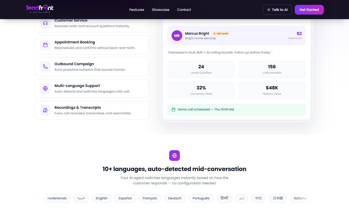 LeadFront live demos and CRM lead view with lead score and pipeline value