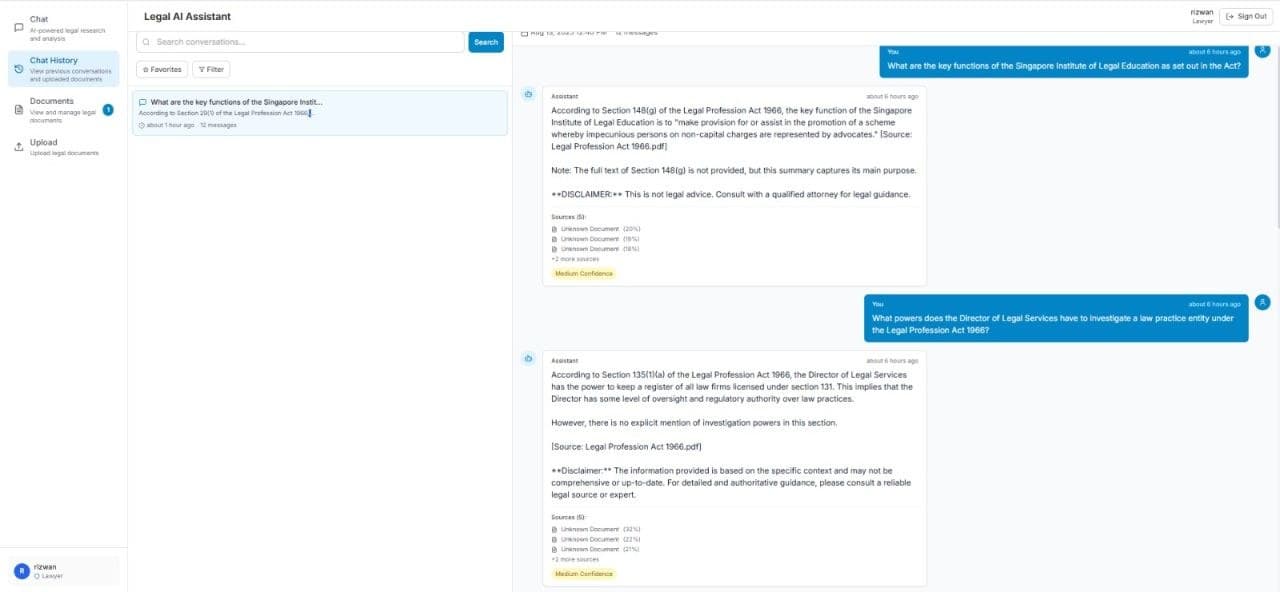 Legal AI Assistant chat history with search, favourites and filters