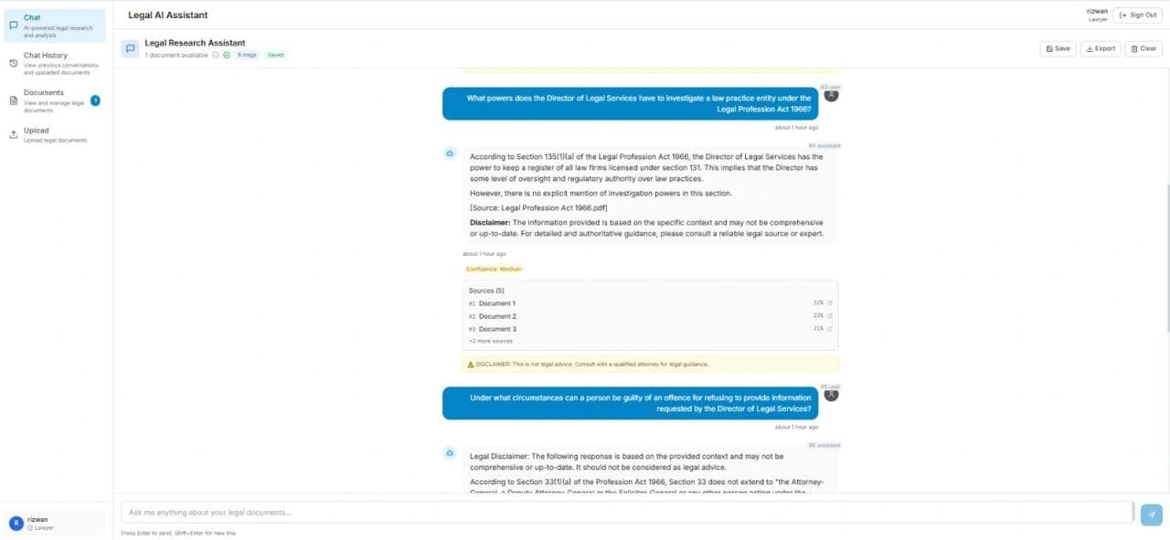 Legal AI Assistant answer with confidence level and five ranked source chunks