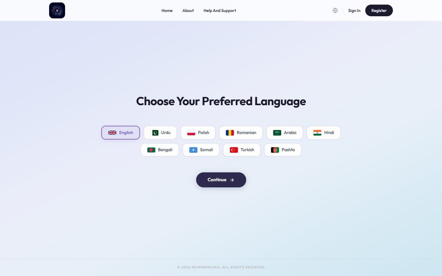 NexpreneurAI language picker with ten languages