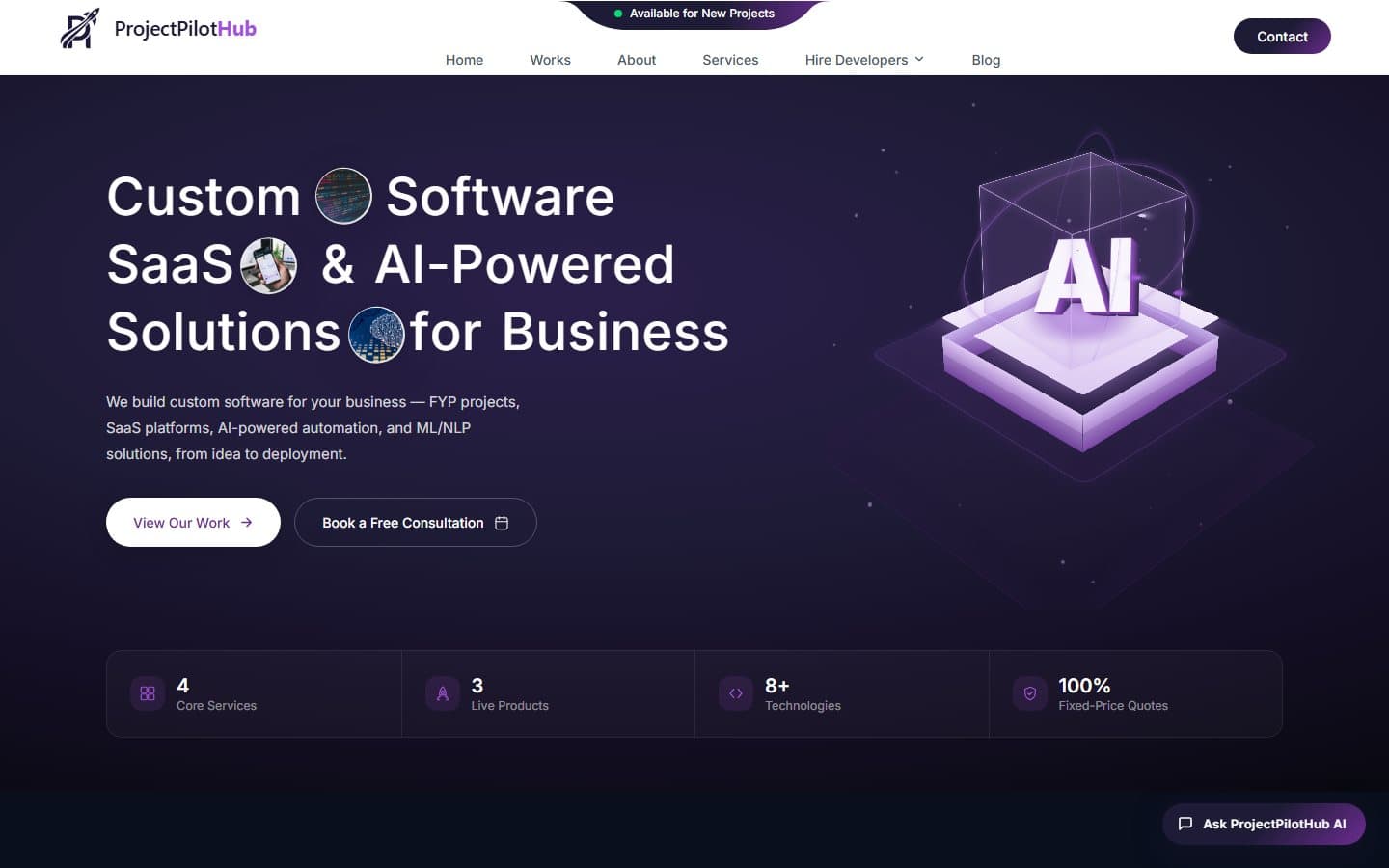 ProjectPilotHub — Software-studio site with an AI assistant