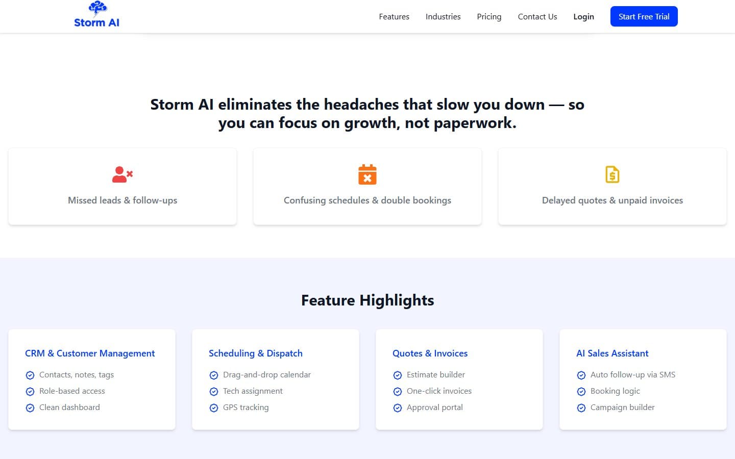 STORM AI feature highlights — CRM, scheduling & dispatch, quotes & invoices, AI sales assistant